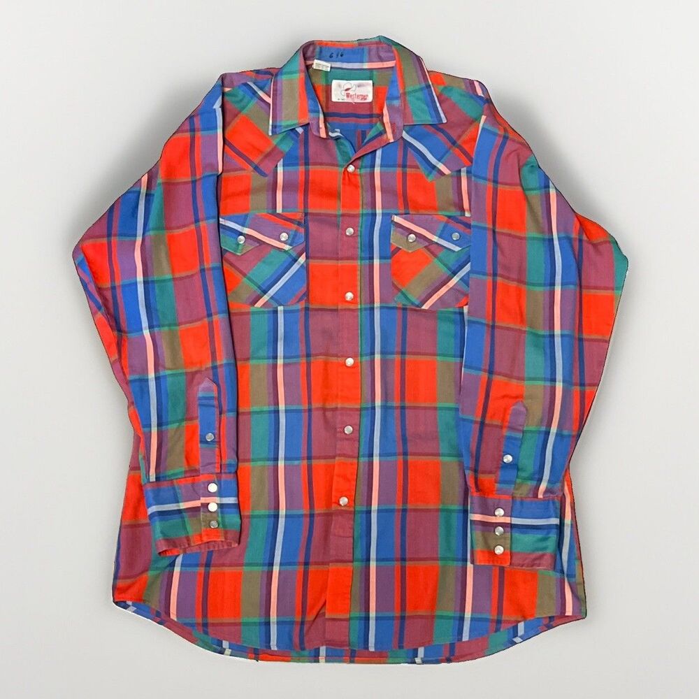 Vintage Westerner BBI Shirt Mens L Blue Red Plaid Pearl Snap Long Sleeve
